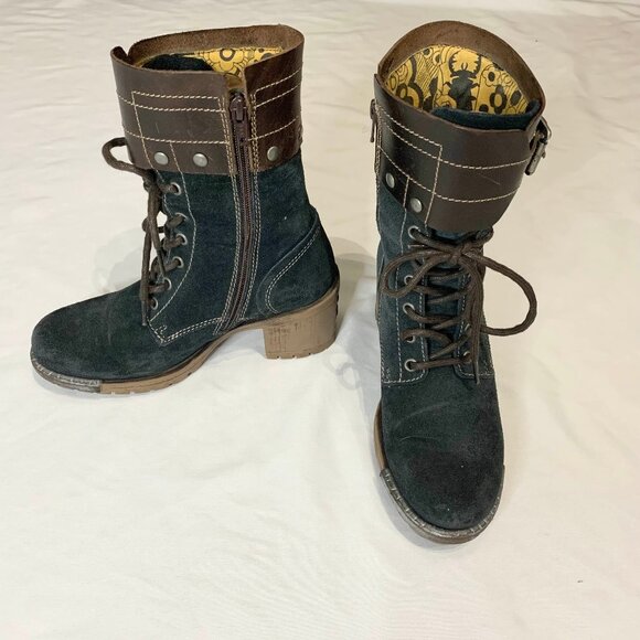 Fly London Sz 6.5 Yip Black Suede Leather Buckle Lace Up Block Heel Ankle Boots - Picture 3 of 15